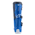 Alpinestars Tech 7 Boots, Motocross Boots, Alpine Blue and Night Navy with White accents, rear view showing the contoured calf protector, white heel reinforcement with Tech Series logo, and side-entry buckle system details.
