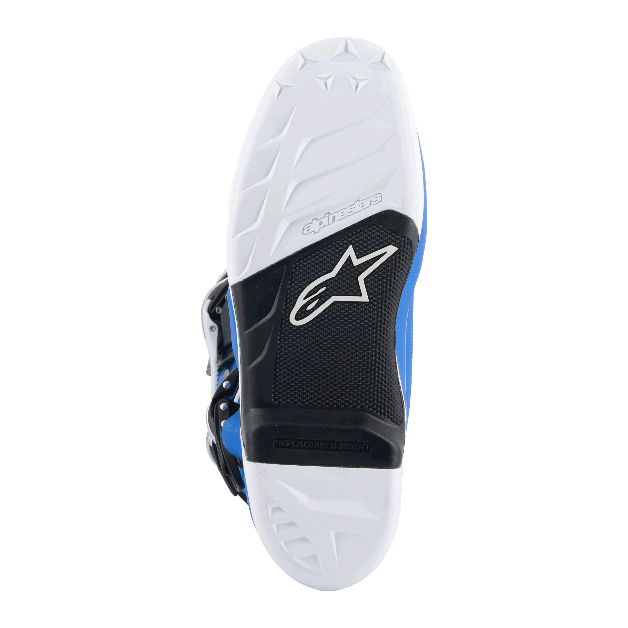 Alpinestars Tech 7 Boots, Motocross Boots, Alpine Blue and White, bottom view of sole featuring white grip pattern, black arch with replaceable footpeg insert and Alpinestars logo, durable compound for off-road racing