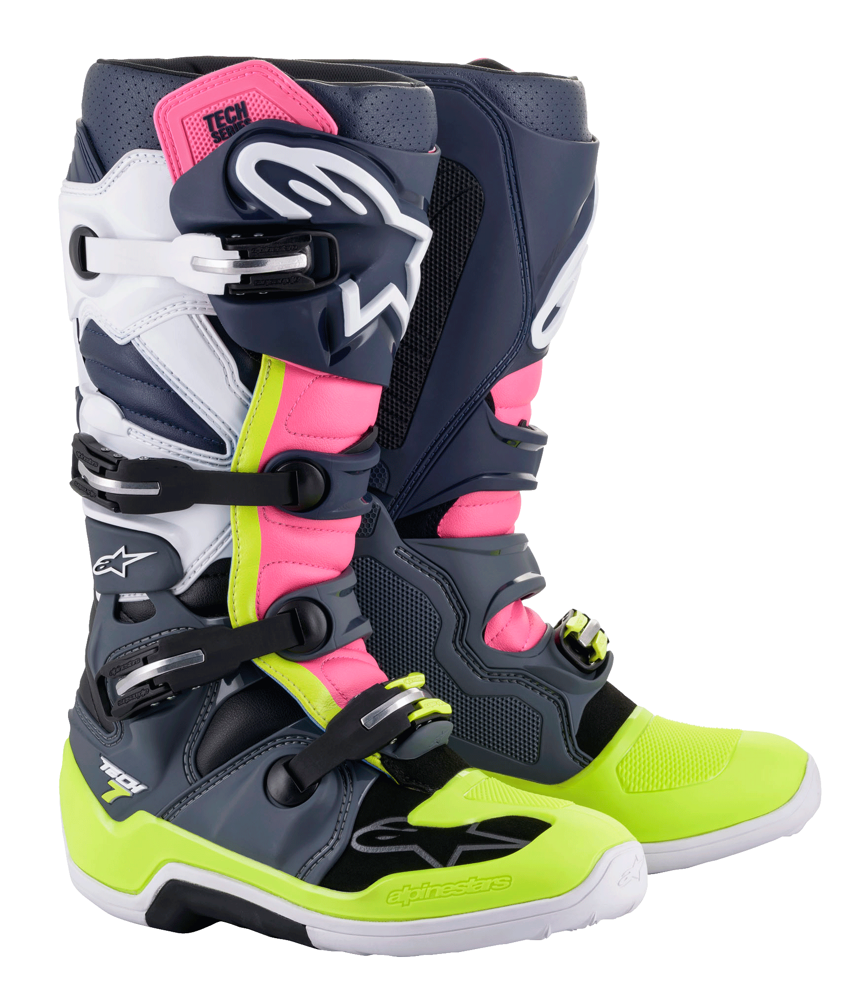 Alpinestars Tech 7 Boots, Motocross Boots, Dark Gray, Dark Blue, Pink Fluo, and Neon Yellow, featuring a multi-buckle closure system, TPU protection panels, and Alpinestars branding for off-road racing