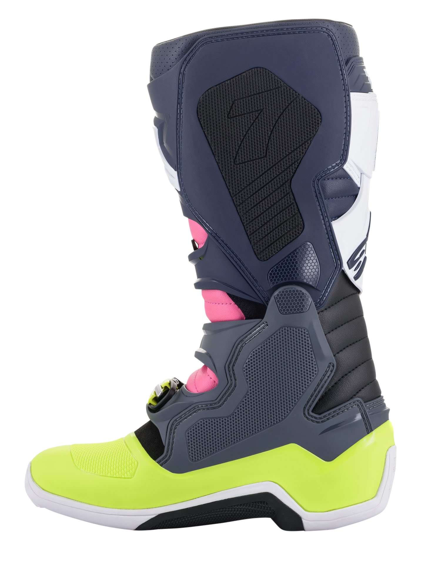 Alpinestars Tech 7 Boots, Motocross Boots, Dark Gray, Dark Blue, Pink Fluo, and Neon Yellow, side profile view, featuring innovative buckle closure system and biomechanical ankle protection, high-performance off-road footwear