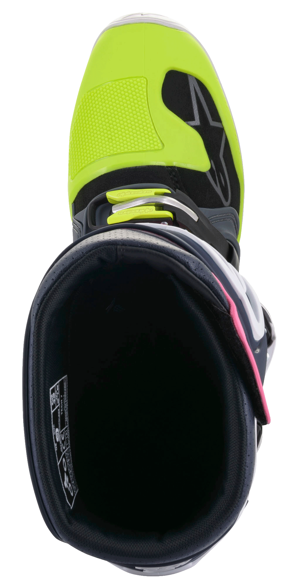 Alpinestars Tech 7 Boots, Motocross Boots, Dark Gray, Dark Blue, and Pink Fluo with bright Yellow accents, top-down view looking into the interior collar, highlighting the buckle closure and reinforced toe box.