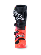 Alpinestars Tech 7 Boots, Motocross Boots, Black Red Fluo and Pink Fluo, front view featuring black shin plate with large white Astars logo, fluorescent red and pink lower chassis, and silver buckle closure system