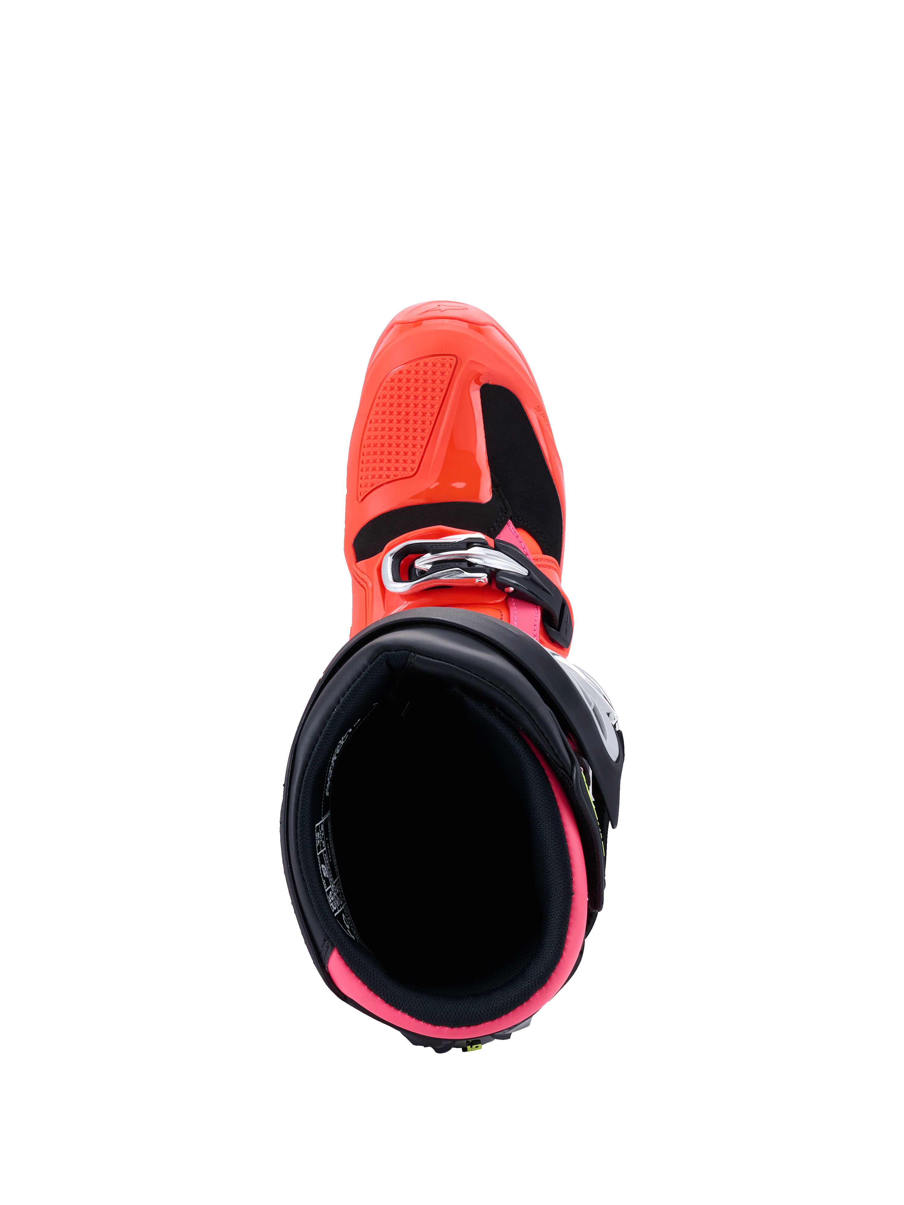 Alpinestars Tech 7 Boots, MX26 Collection, Motocross Boots, Black Red Fluo and Pink Fluo, top-down view looking into the interior opening, featuring bright pink lining and red fluo exterior shell with buckle closure.