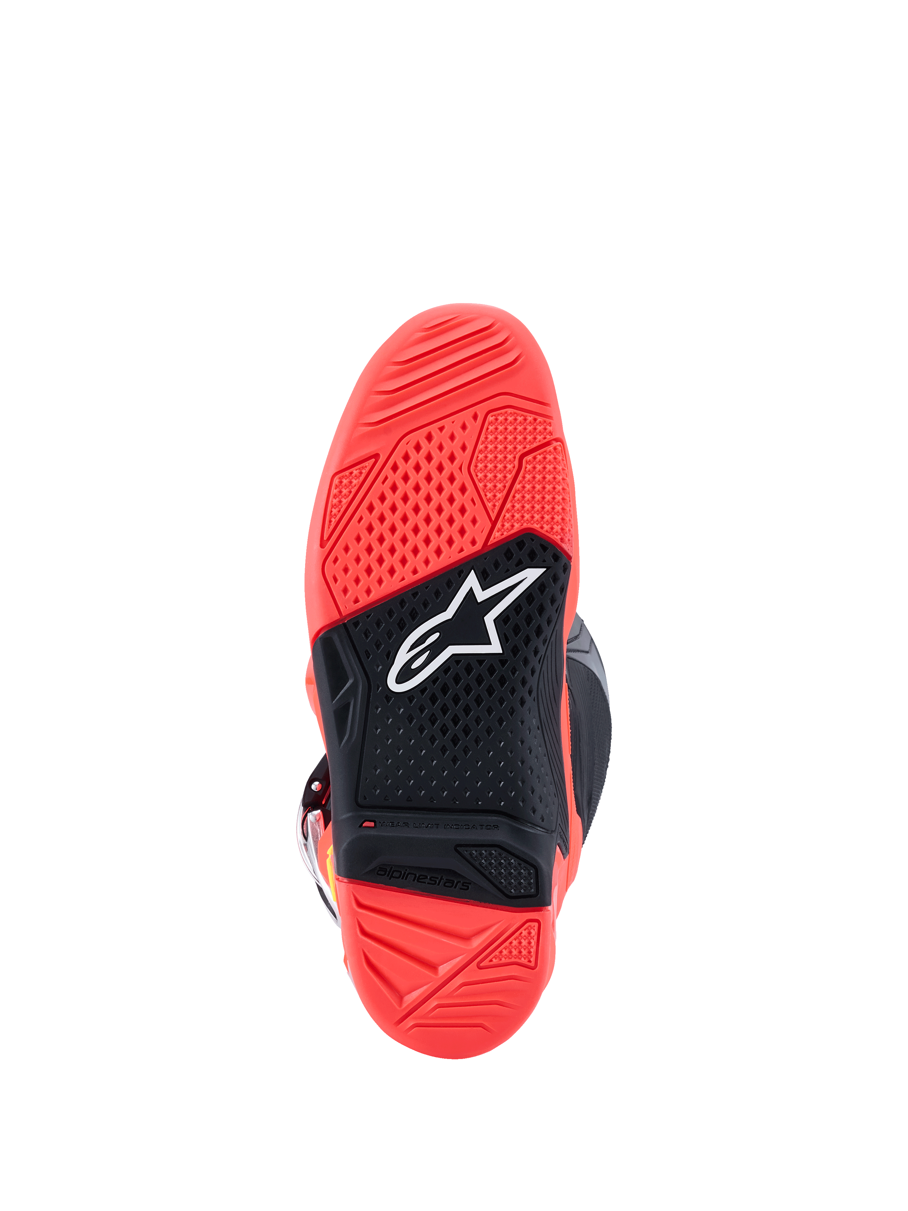 Alpinestars Tech 7 Boots, Outsole view, Bright Fluorescent Red and Black, featuring a textured dual-compound rubber sole with a white Alpinestars star logo and a wear limit indicator