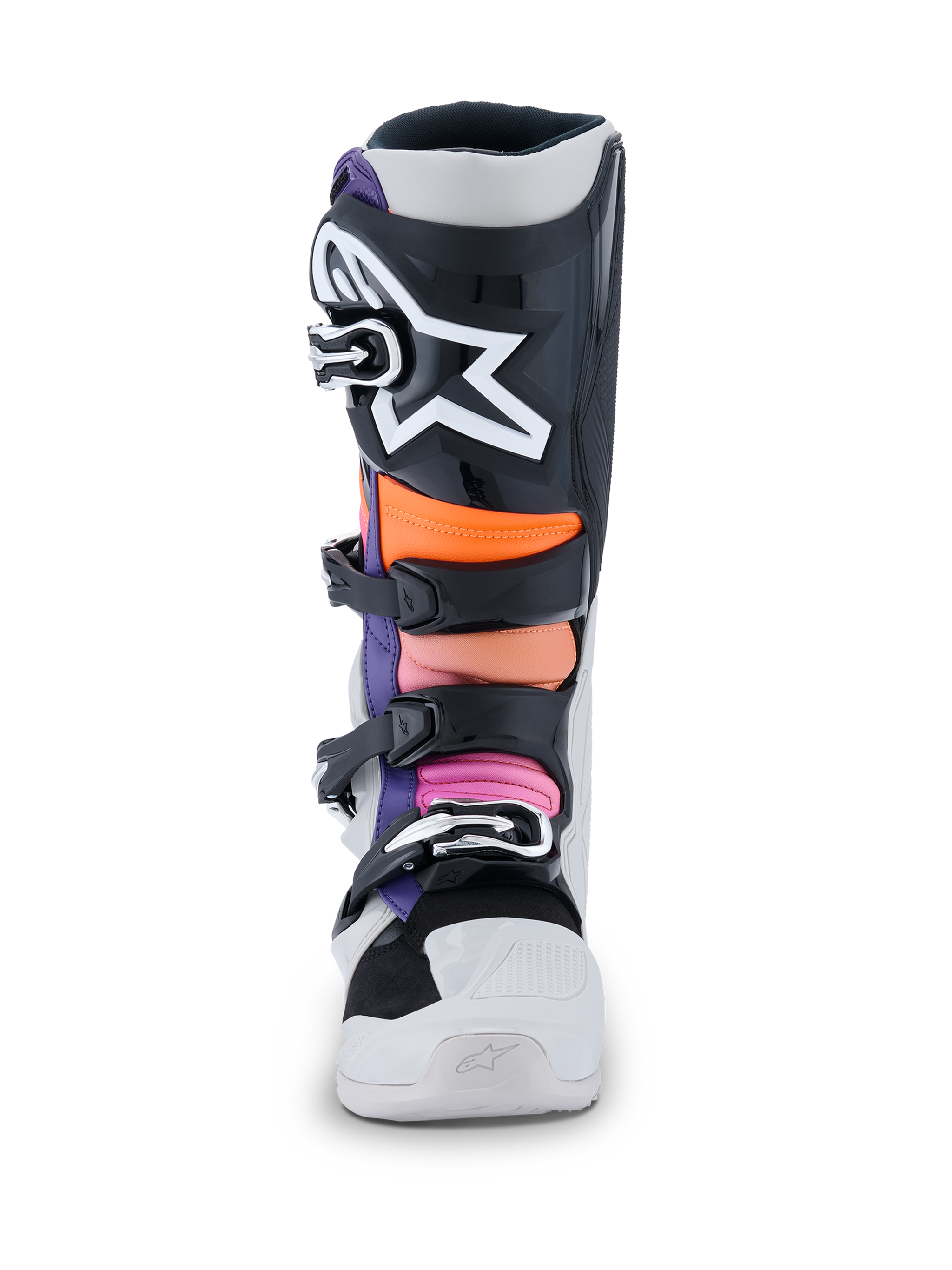 Alpinestars Tech 7 Boots, Motocross Boots, Black Light Gray Orange Fluo and Magenta, front view featuring a black shin plate with a large white Alpinestars star logo, multi-colored padded zones in orange and pink, and a durable white chassis with black buckles.
