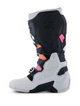 Alpinestars Tech 7 Boots, Motocross Boots, Black Light Gray Orange Fluo and Magenta, medial side profile featuring a light gray lower shell, black TPU panels with Tech 7 branding, and vibrant orange and magenta accents.