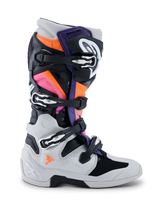 Alpinestars Tech 7 Boots, Motocross Boots, Black Light Gray Orange Fluo and Magenta, side view, featuring a multi-buckle closure system, TPU protective shell, and vibrant color panels for off-road racing
