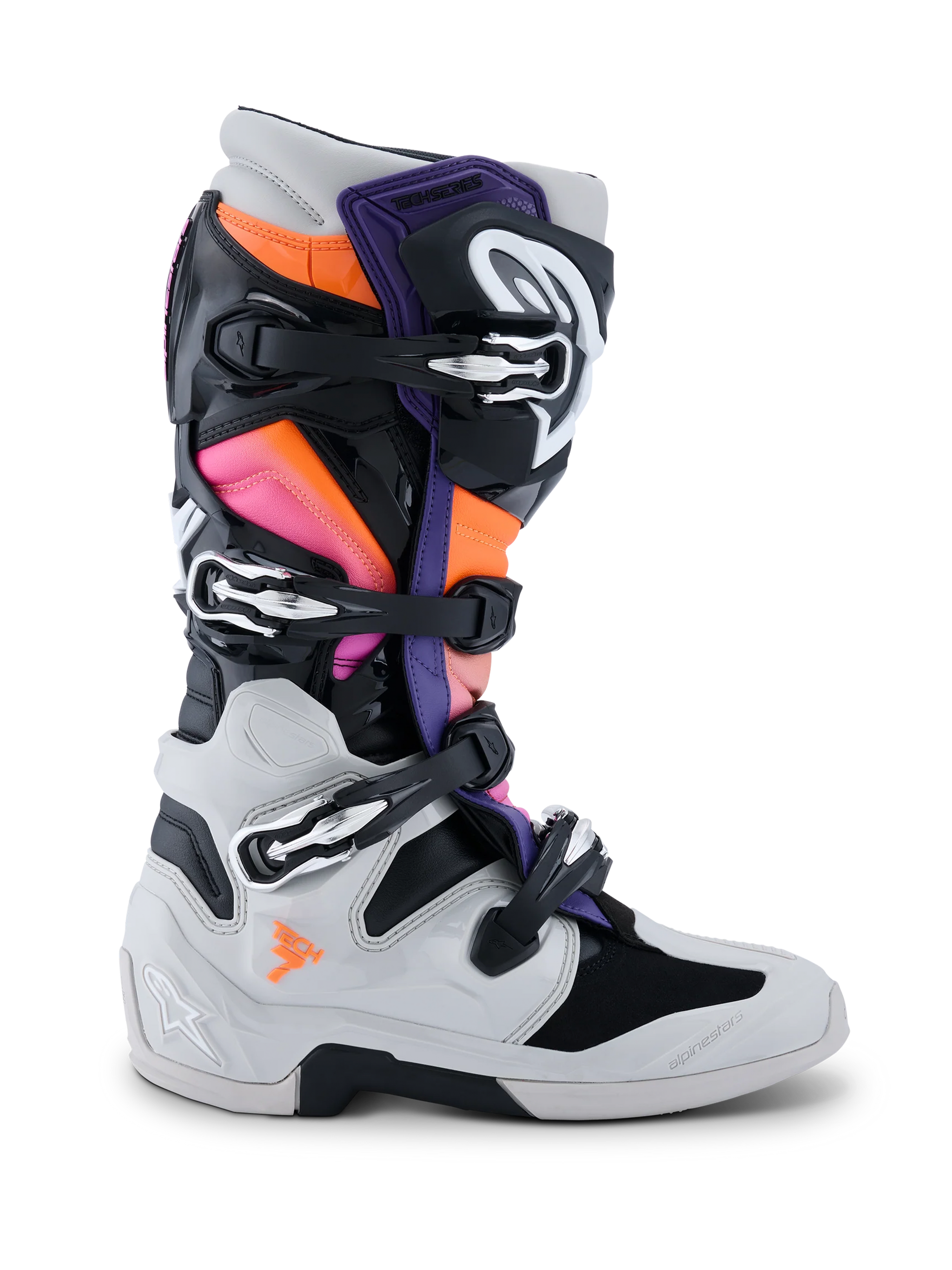 Alpinestars Tech 7 Boots, Motocross Boots, Black Light Gray Orange Fluo and Magenta, side view, featuring a multi-buckle closure system, TPU protective shell, and vibrant color panels for off-road racing