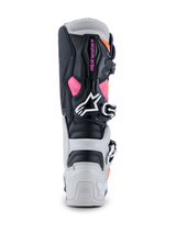 Alpinestars Tech 7 Boots, Motocross Boots, Black Light Gray Orange Fluo and Magenta, rear view showing the TPU heel and calf protectors, pink Alpinestars branding, white logo, and durable buckle system