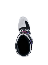 Alpinestars Tech 7 Boots, top-down view into the boot opening, Light Gray and Black with Purple and Magenta accents, showing interior padding, buckle system, and reinforced toe box for off-road racing