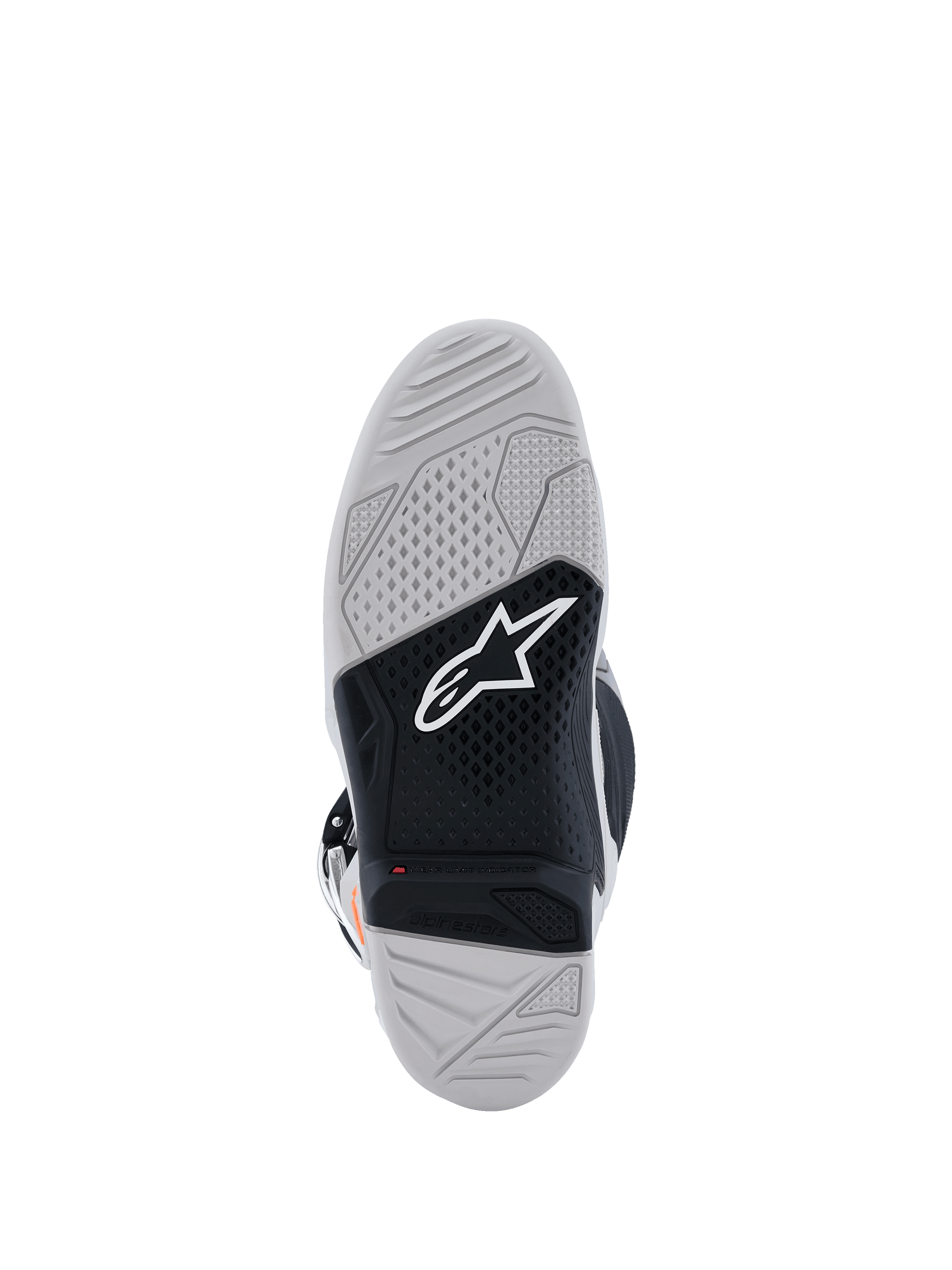 Alpinestars Tech 7 Boots sole view, Motocross Boots, Light Gray and Black, featuring a dual-compound vulcanized rubber sole with a white Alpinestars logo, red wear limit indicator, and high-traction textured grip pattern.