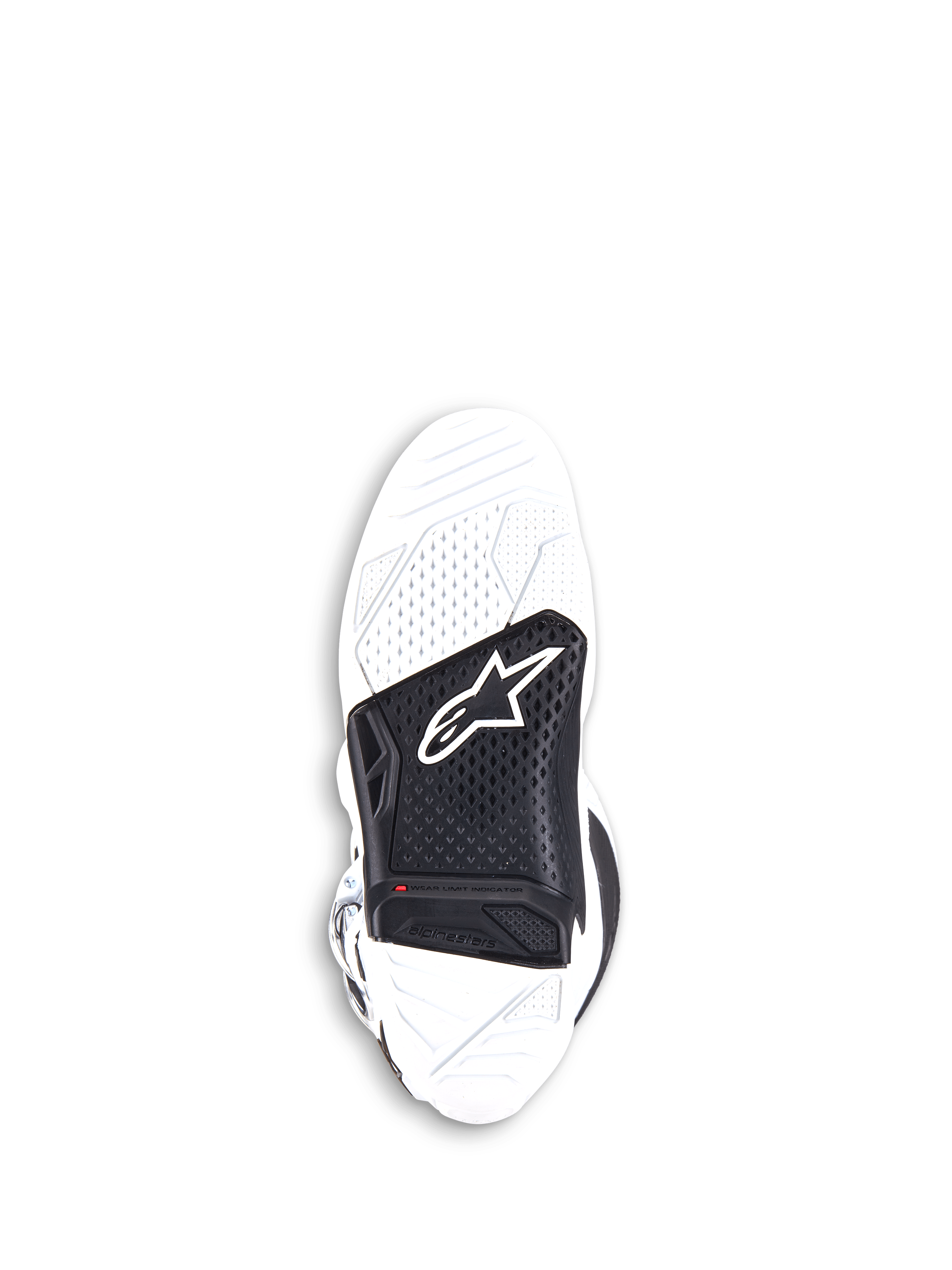 Alpinestars Tech 7 Boots, Motocross Boots, White and Black, underside view of the replaceable dual-compound vulcanized rubber sole featuring a black center insert with the Alpinestars logo and a red wear limit indicator.