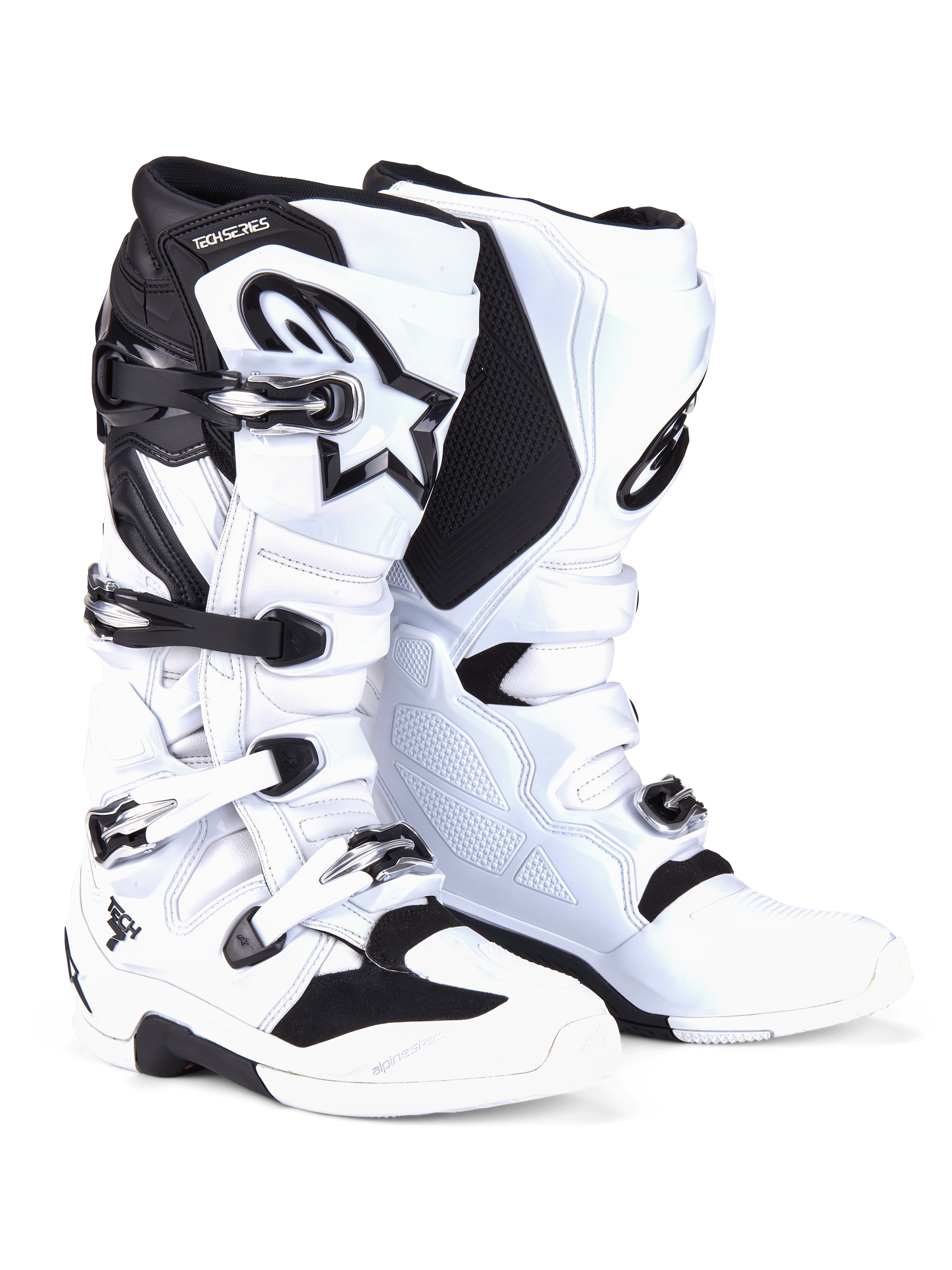 Alpinestars Tech 7 Boots, Motocross Boots, White and Black, featuring a four-buckle closure system with silver and black hardware, prominent Alpinestars logo on the shin, and reinforced TPU panels for off-road protection.