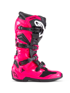 Alpinestars Tech 7 Boots, Motocross Off-Road Boots, Diva Pink and Black, glossy pink TPU shell with black accents, four adjustable black buckles, reinforced shin guard, professional racing footwear