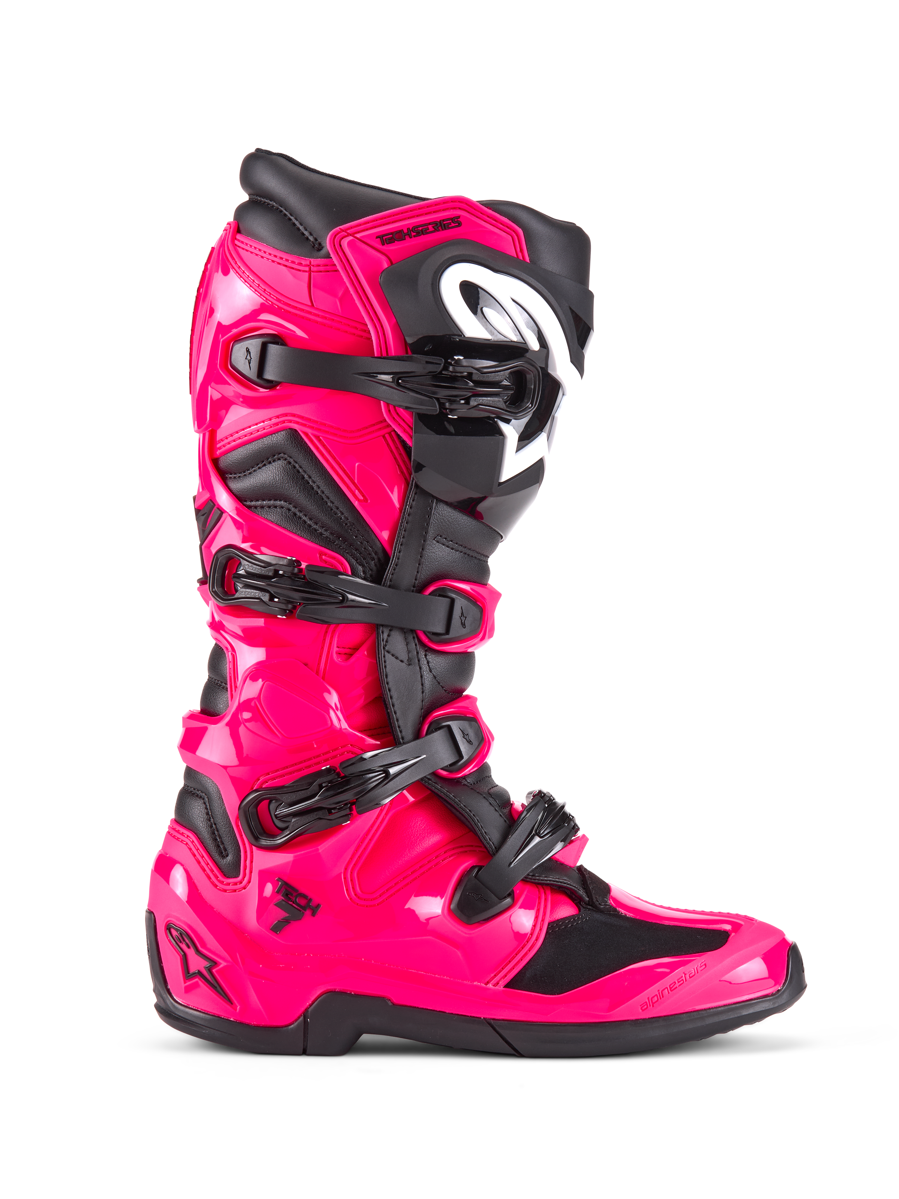 Alpinestars Tech 7 Boots, Motocross Off-Road Boots, Diva Pink and Black, glossy pink TPU shell with black accents, four adjustable black buckles, reinforced shin guard, professional racing footwear