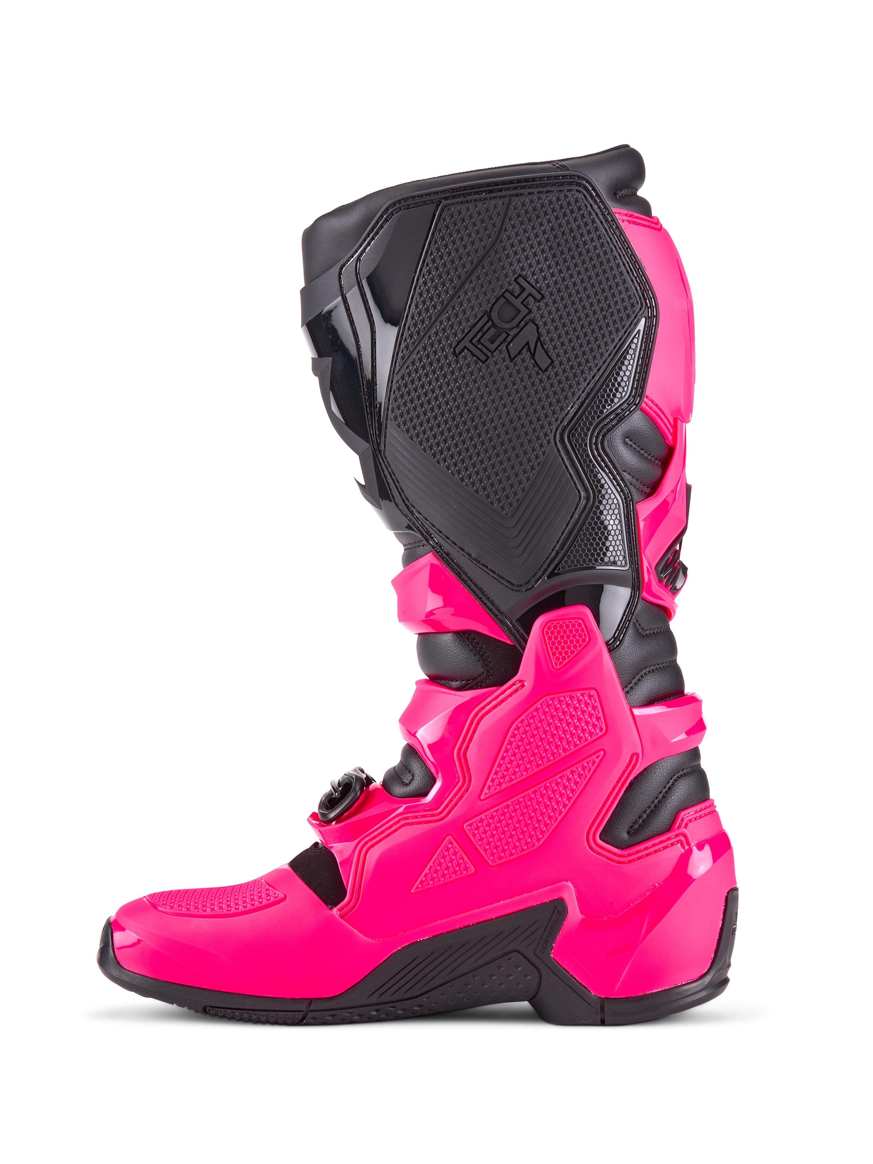 Alpinestars Tech 7 Motocross Boots, Diva Pink and Black, side profile featuring protective TPU shell, textured medial grip panels with Tech 7 branding, and rugged black sole, high-performance off-road racing footwear