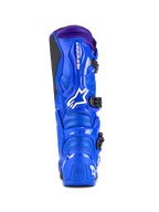 Alpinestars Tech 7 Boots, Motocross Boots, Blue with purple accents, rear view showing the TPU protection, white Alpinestars logo on the heel, and black side grip panel, high-performance off-road footwear