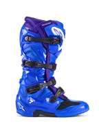 Alpinestars Tech 7 Boots, Motocross Boots, Blue and Purple, featuring four black buckles, glossy TPU protective shell with white Alpinestars logo branding, durable off-road racing footwear