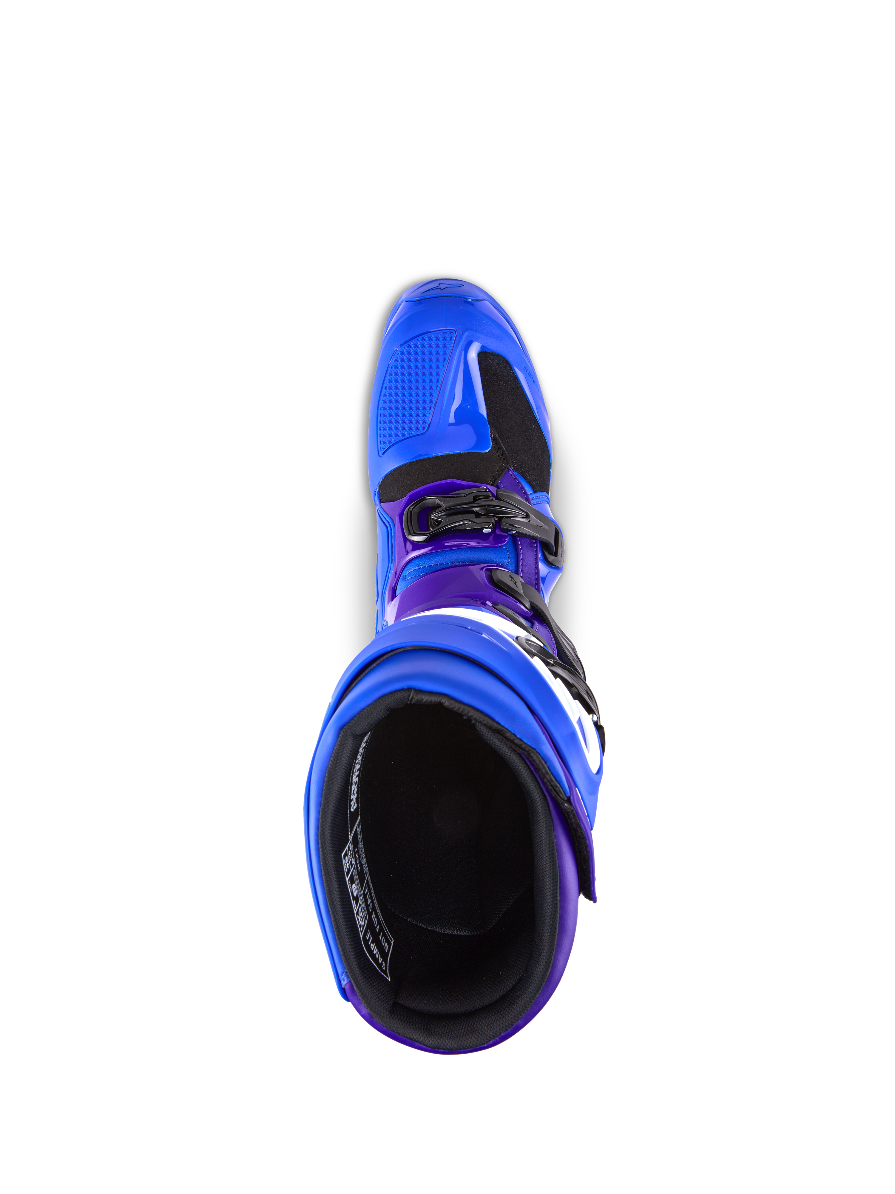 Alpinestars Tech 7 Boots, Motocross Boots, Blue with purple and black accents, top-down view showing the interior lining and buckle system, durable TPU and microfiber construction for off-road performance