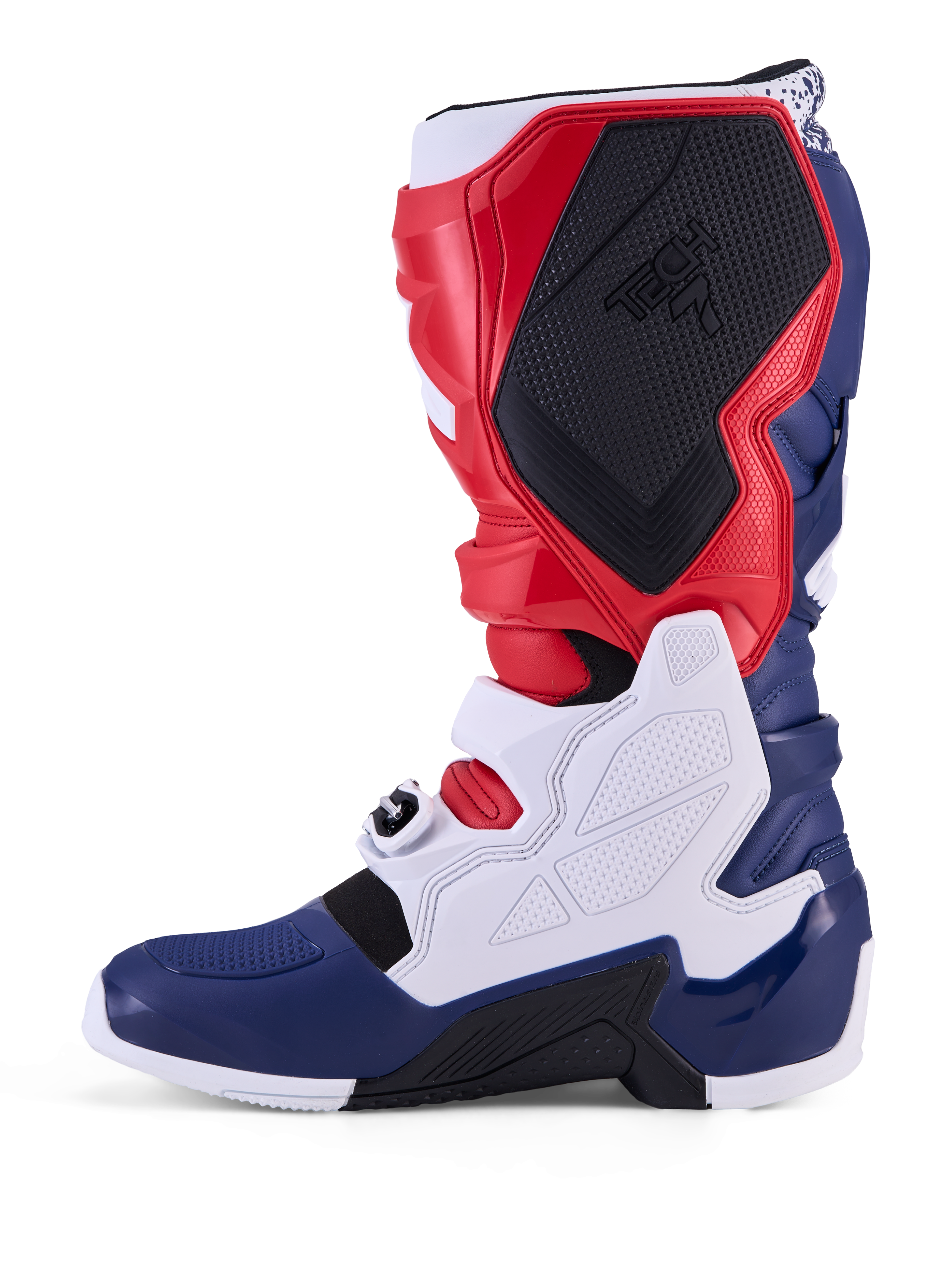 Alpinestars Limited Edition Tech 7 Unity Motocross Boots, Red, White, and Blue, with protective TPU panels and secure buckles.