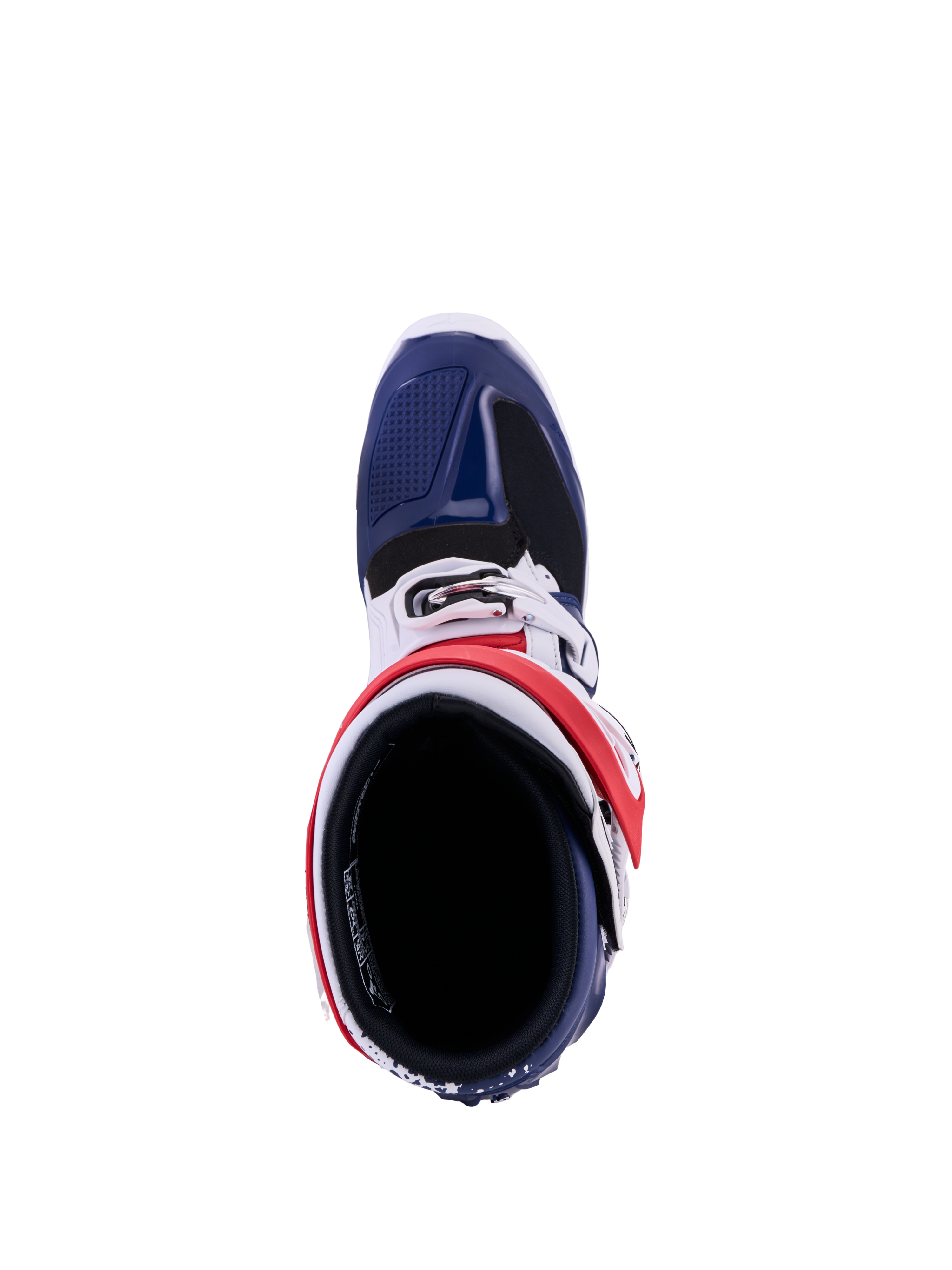 Alpinestars Tech 7 Unity Boots, red, white, and blue motocross racing boots, top-down view with protective TPU panels.