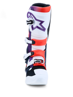Alpinestars Tech 7 Motocross Boots in purple, white, and red fluo featuring TPU protection and buckle closures.