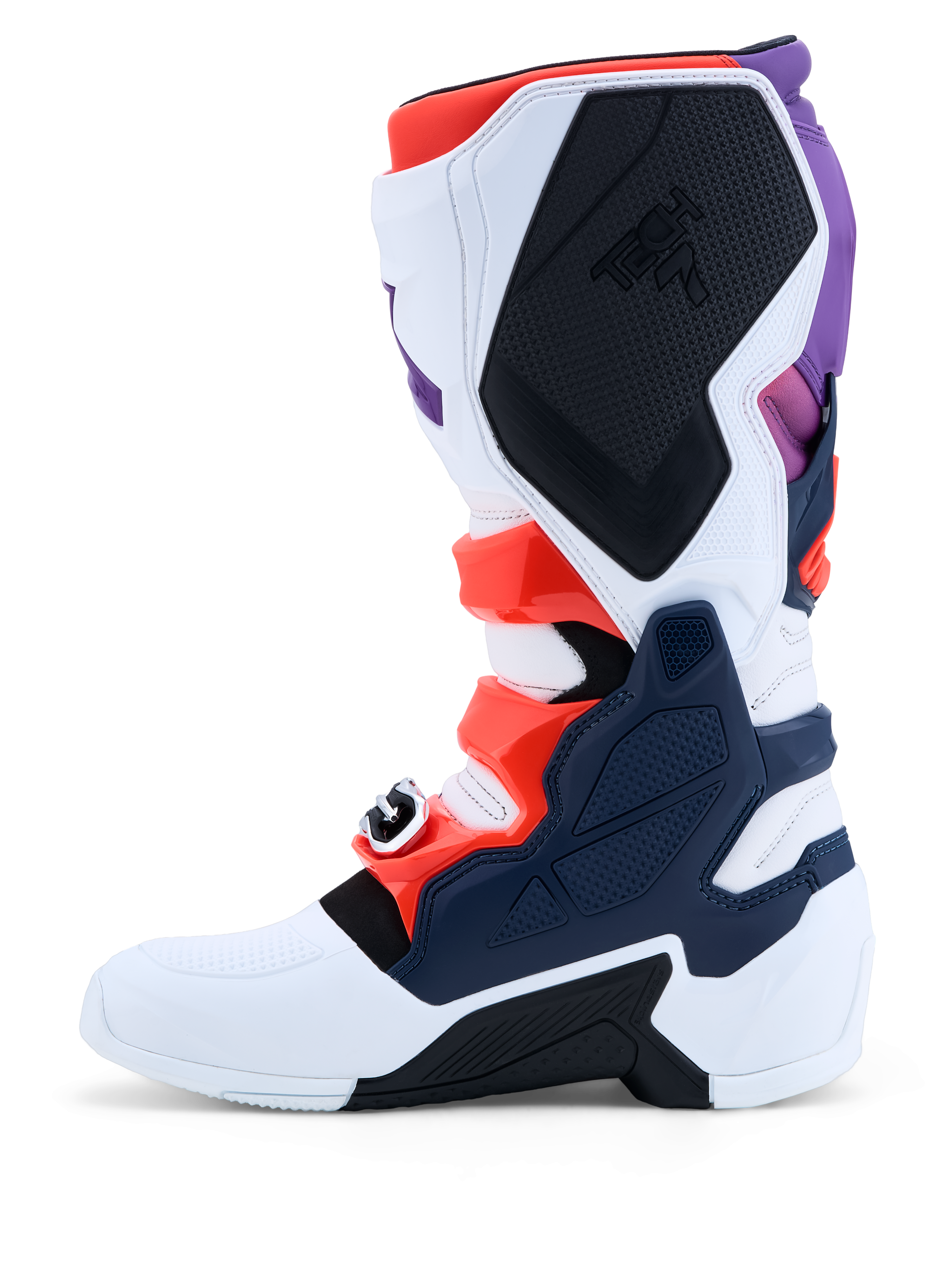 Alpinestars Tech 7 Men's Motocross Boots, Purple, White, and Dark Blue, with Red Fluo accents and protective TPU plates.