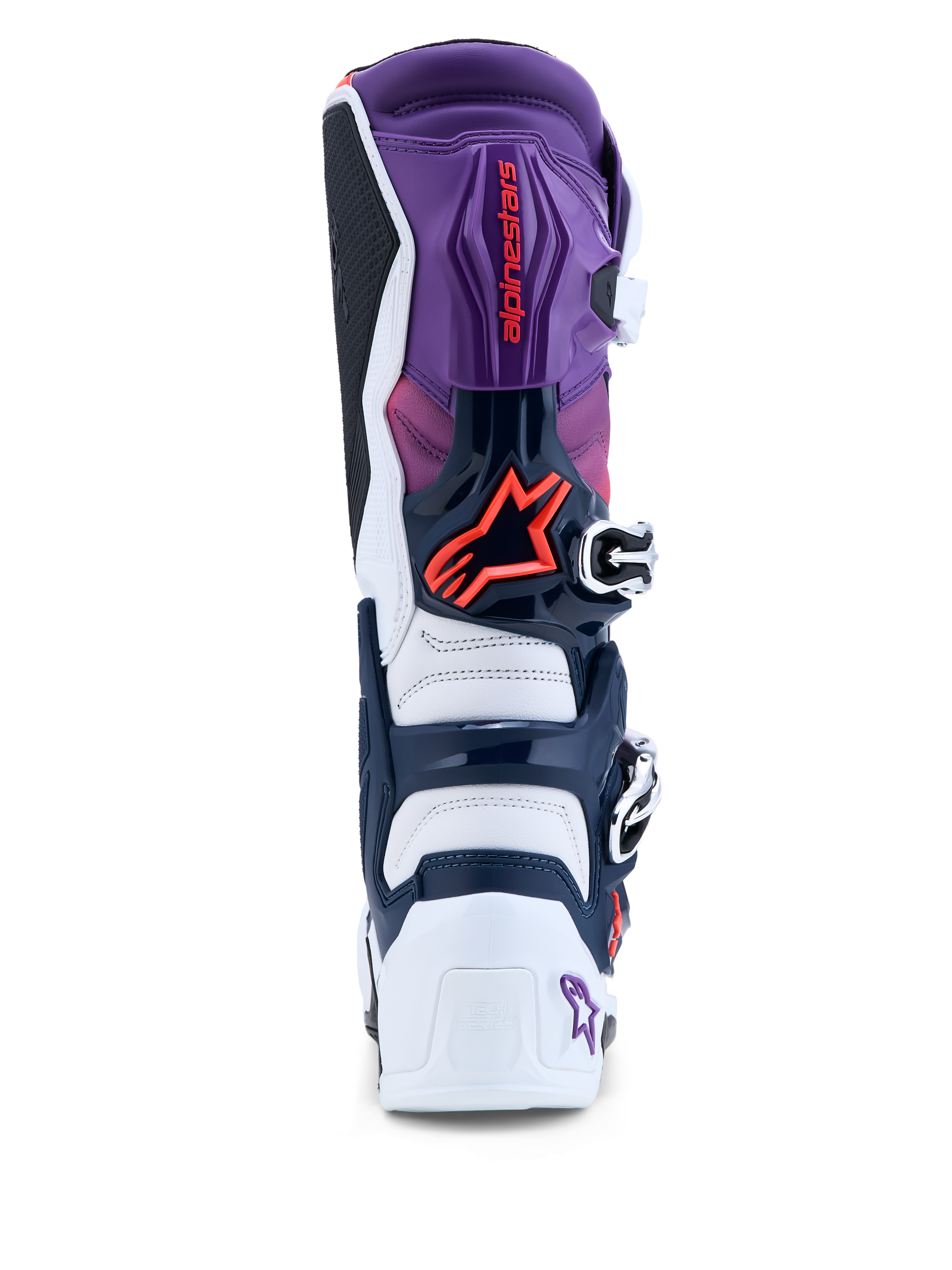 Alpinestars Tech 7 Boots, rear view of Purple and White Men's Motocross Boots with Red Fluo accents and TPU protection.