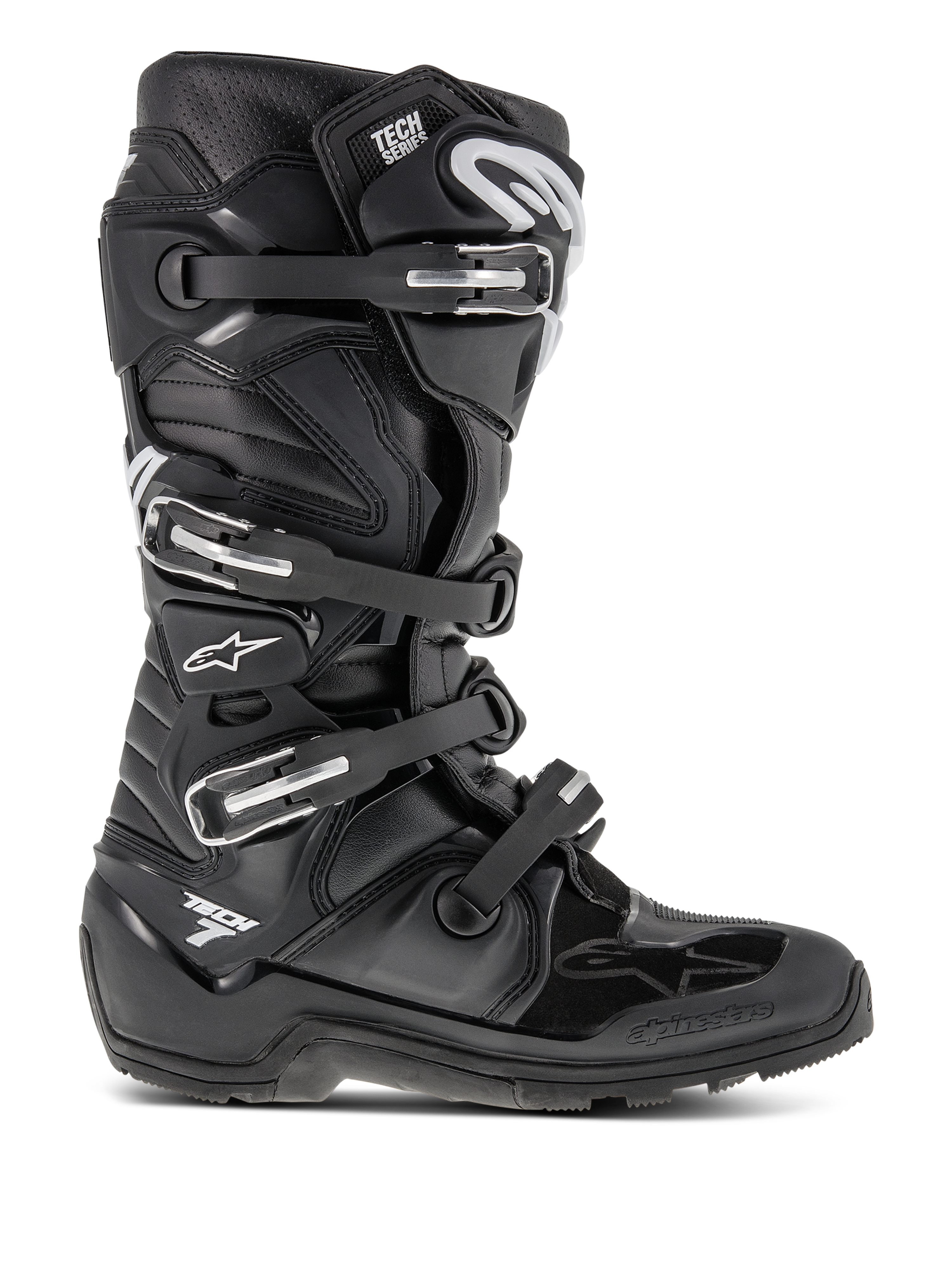 Alpinestars Tech 7 Enduro Boots, Black Motocross Boots, featuring four adjustable buckles and a reinforced TPU chassis, rugged lugged sole for off-road traction, white star logo and Tech 7 branding, durable high-performance footwear for enduro and dirt bike riding