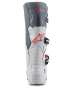 Alpinestars Tech 7 Enduro Boots, Rear view, Light Gray and Dark Gray with Bright Red accents, featuring a reinforced heel with 'TECH SERIES' branding, a red star logo, and a durable buckle closure system.