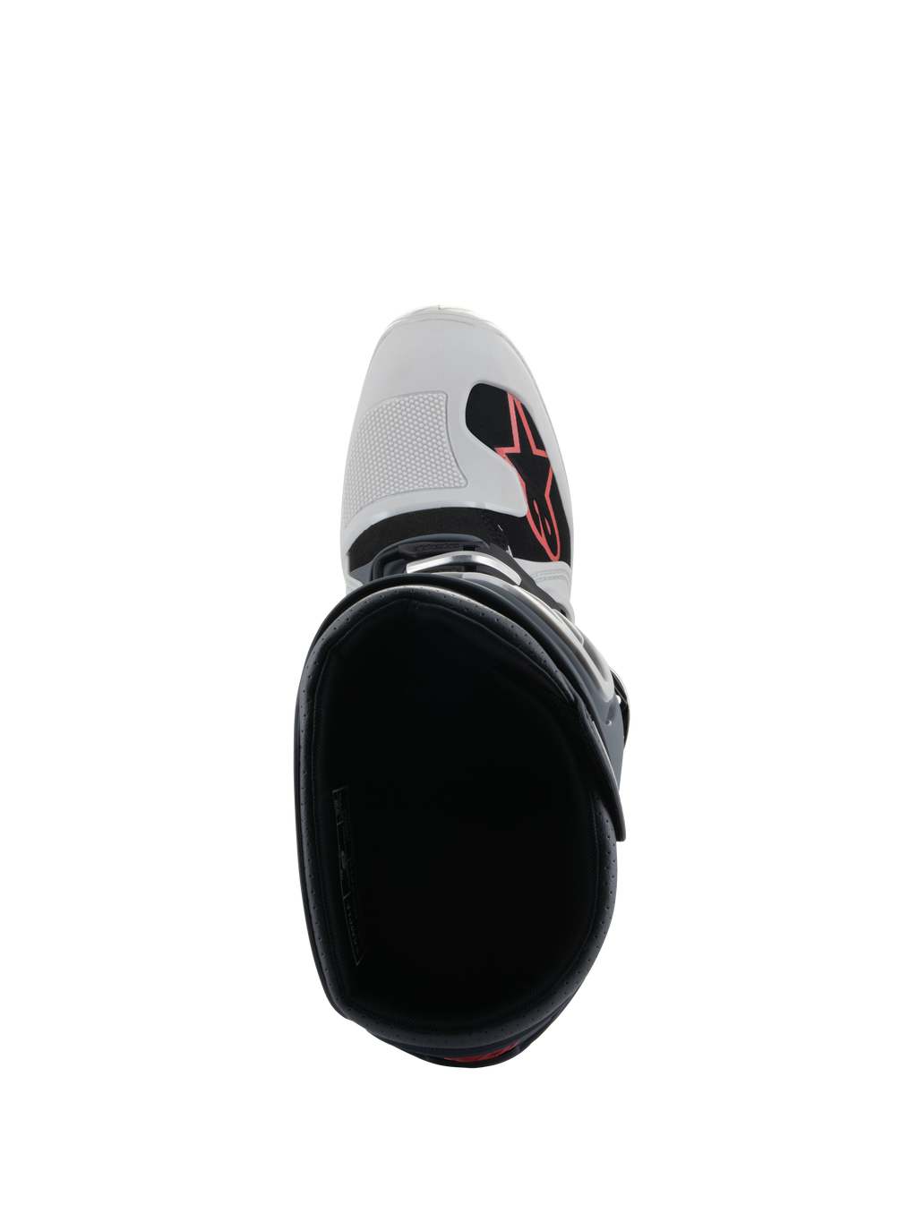 Alpinestars Tech 7 Enduro Boots, Light Gray Dark Gray Bright Red, Top-down view looking into the boot, showing the toe with red Alpinestars logo and textured shift pad, professional enduro and off-road footwear