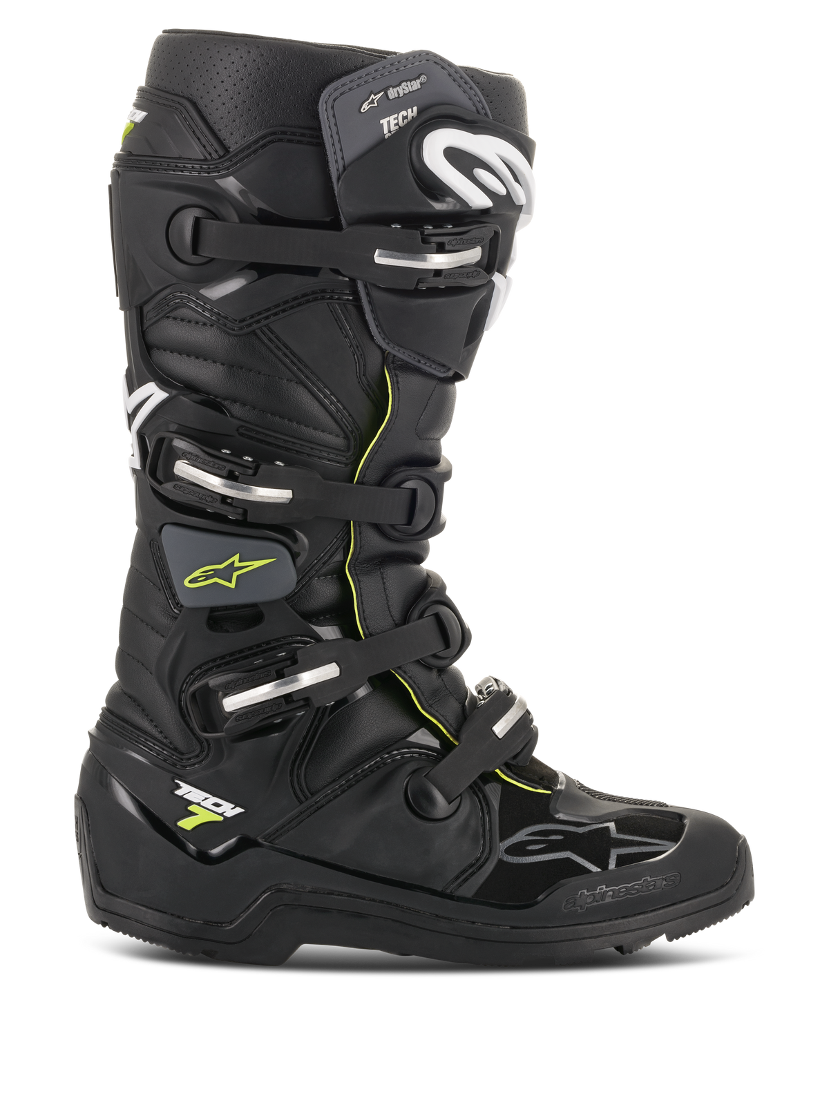 Alpinestars Tech 7 Enduro Drystar Boots, Black with Fluorescent Yellow accents, waterproof off-road motorcycle boots featuring four silver buckles, a rugged high-grip sole, and protective TPU construction for Enduro riding