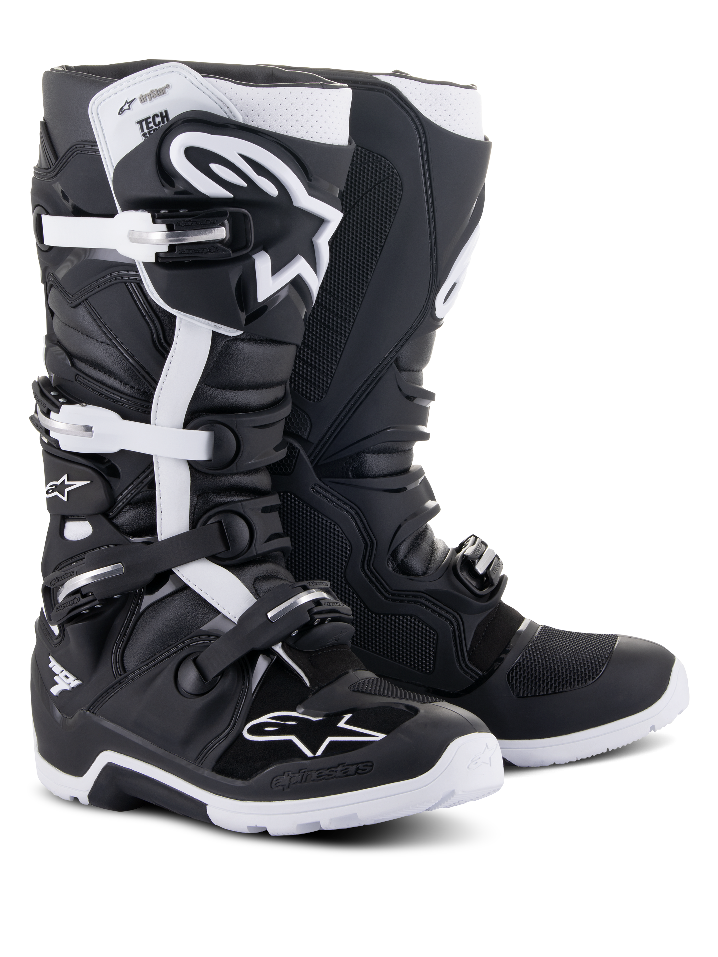 Alpinestars Tech 7 Enduro Drystar® Boots, Off-Road Motorcycle Boots, Black and White, featuring a waterproof membrane, multi-buckle closure system, and a rugged enduro-specific sole for off-road performance.