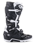 Alpinestars Tech 7 Enduro Drystar Boots, Enduro and Off-Road Motorcycle Boots, Black and White, four-buckle closure system, waterproof Drystar membrane branding, rugged sole for off-road grip, durable TPU protection panels with Alpinestars logos