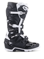 Alpinestars Tech 7 Enduro Drystar Boots, Enduro and Off-Road Motorcycle Boots, Black and White, four-buckle closure system, waterproof Drystar membrane branding, rugged sole for off-road grip, durable TPU protection panels with Alpinestars logos