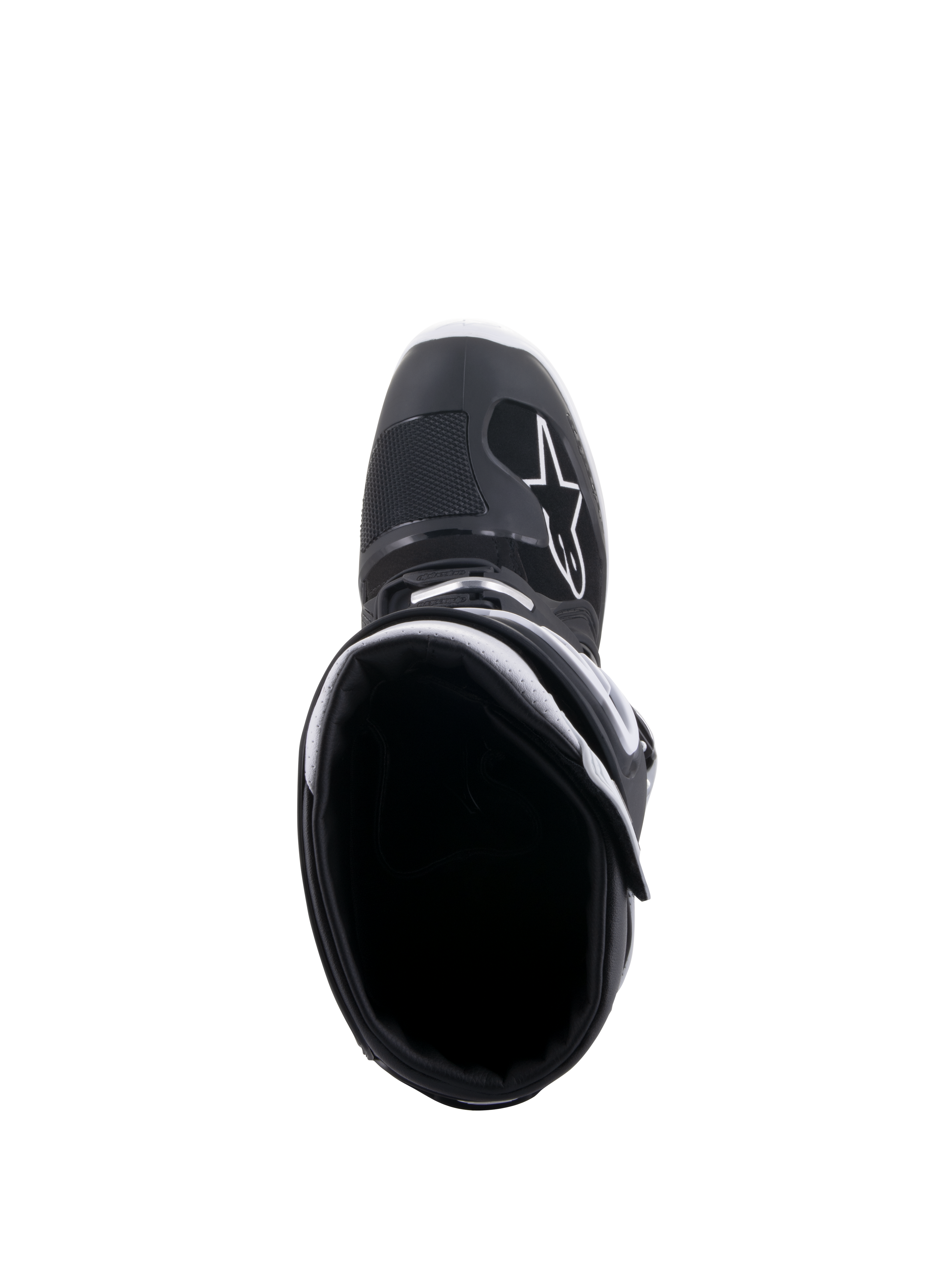 Alpinestars Tech 7 Enduro Drystar® Boots, Black and White, top-down view looking into the boot opening, featuring a white A-star logo on the toe area, white collar lining, and high-performance waterproof design for enduro riding