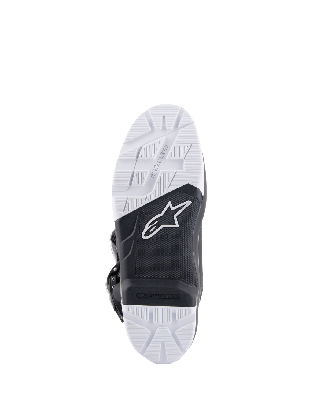 Alpinestars Tech 7 Enduro Drystar® Boots, sole detail view, high-grip black and white double density rubber compound, featuring the Alpinestars logo and replaceable footpeg insert, designed for off-road and enduro traction.