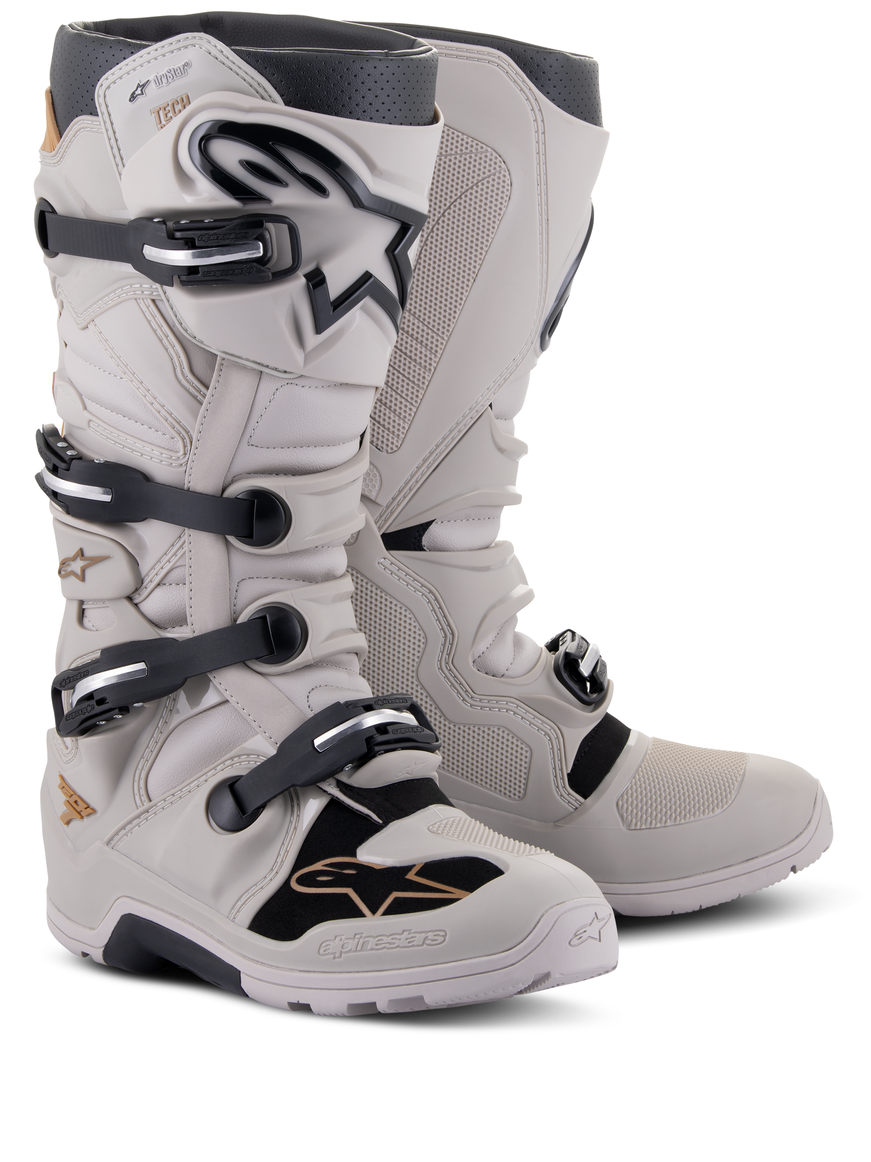 Alpinestars Tech 7 Enduro Drystar® Boots, Off-Road Enduro Boots, Gray Sand, featuring four black buckle closures, waterproof membrane, TPU shin plate, and rugged sole for motocross and enduro riding
