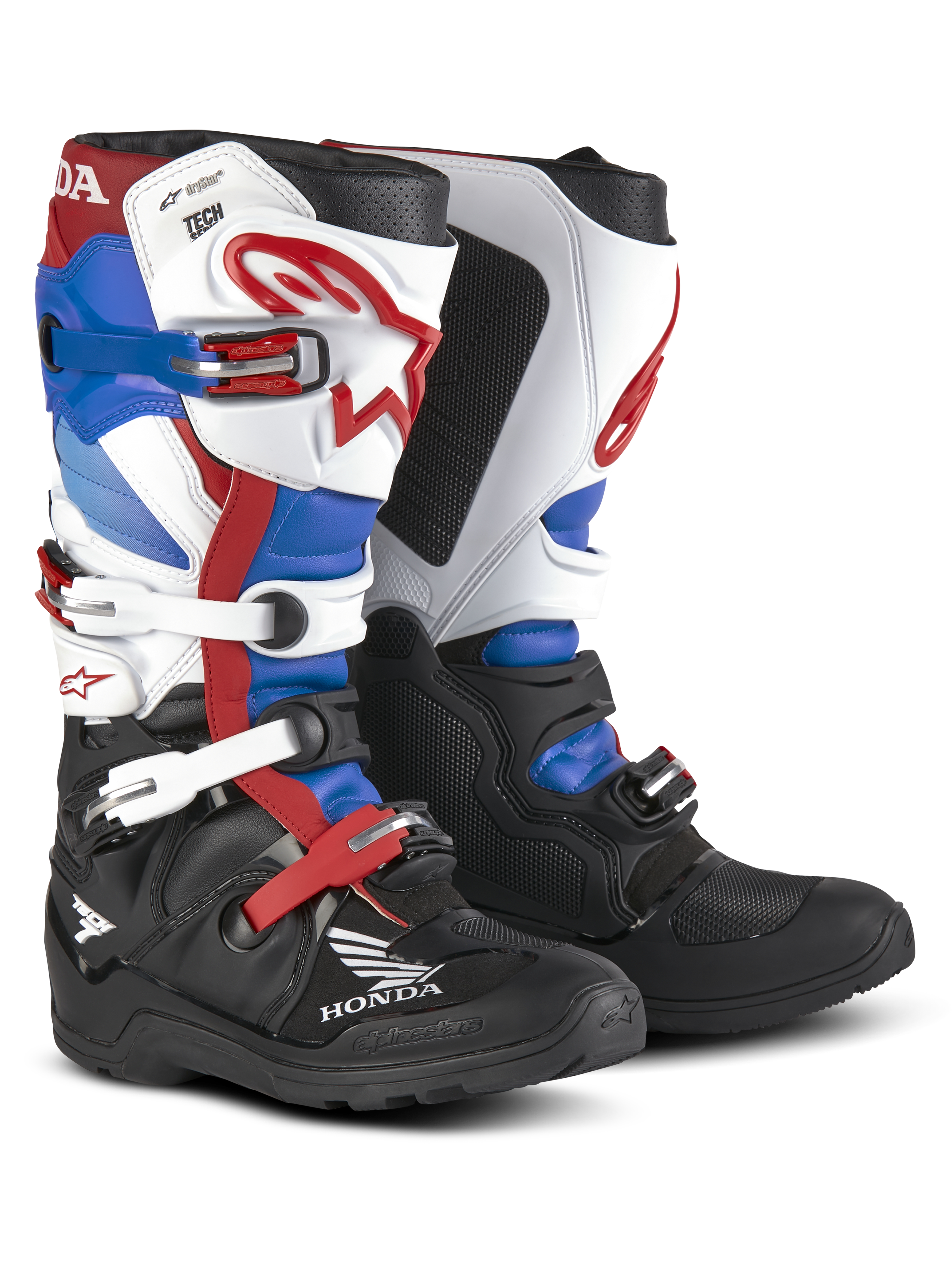 Honda Tech 7 Enduro Drystar® Boots, Motorcycle Enduro Boots, Red Blue Black and White, Multiple Adjustable Buckles, Honda Branding, Rugged Protection, Tall Ankle Support Design