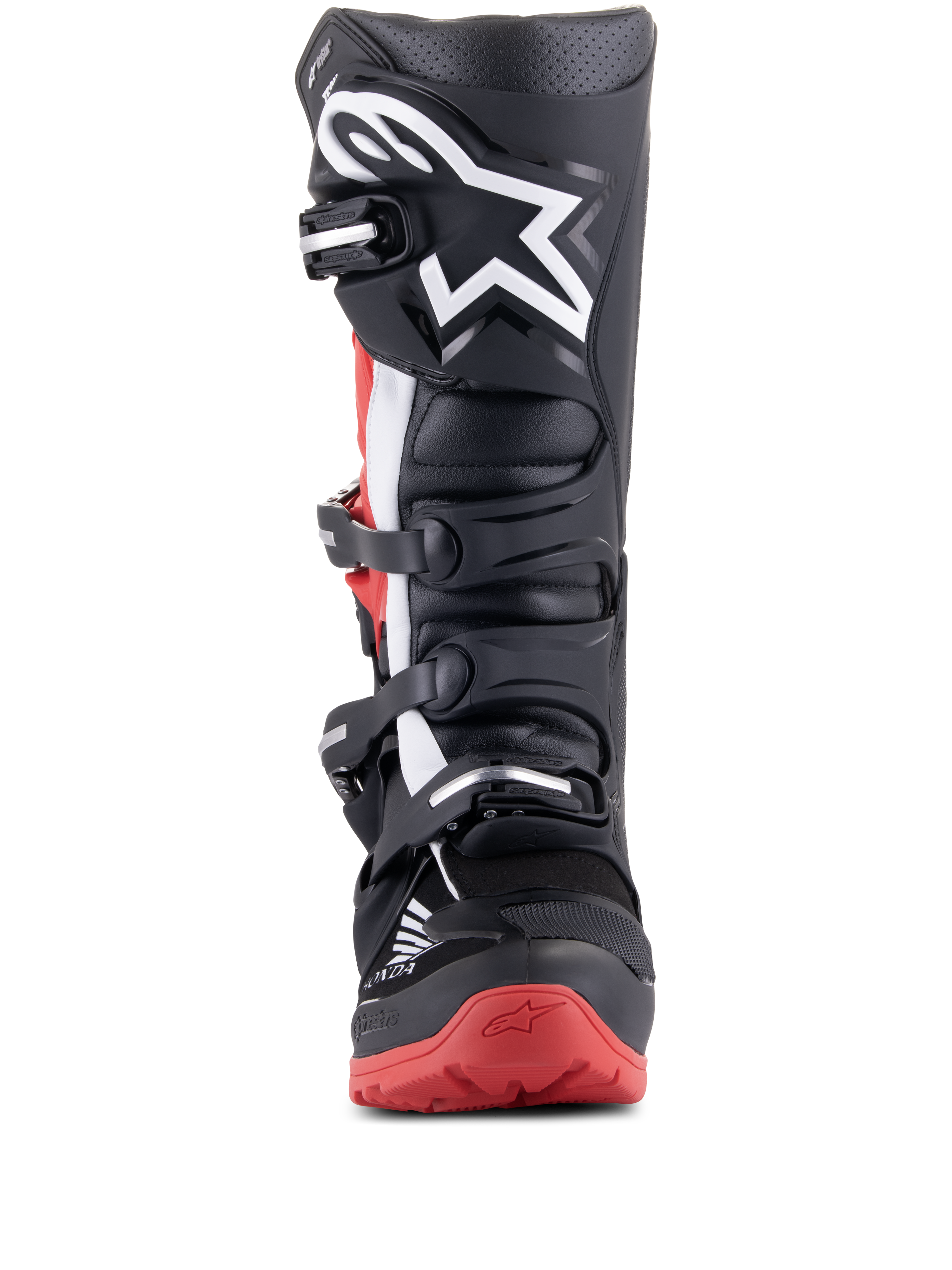 Alpinestars Honda Tech 7 Enduro Drystar Boots, Black and Bright Red, front view showing the multi-buckle closure system, large white star logo on the shin, and red sole with Honda branding, waterproof off-road motorcycle boots