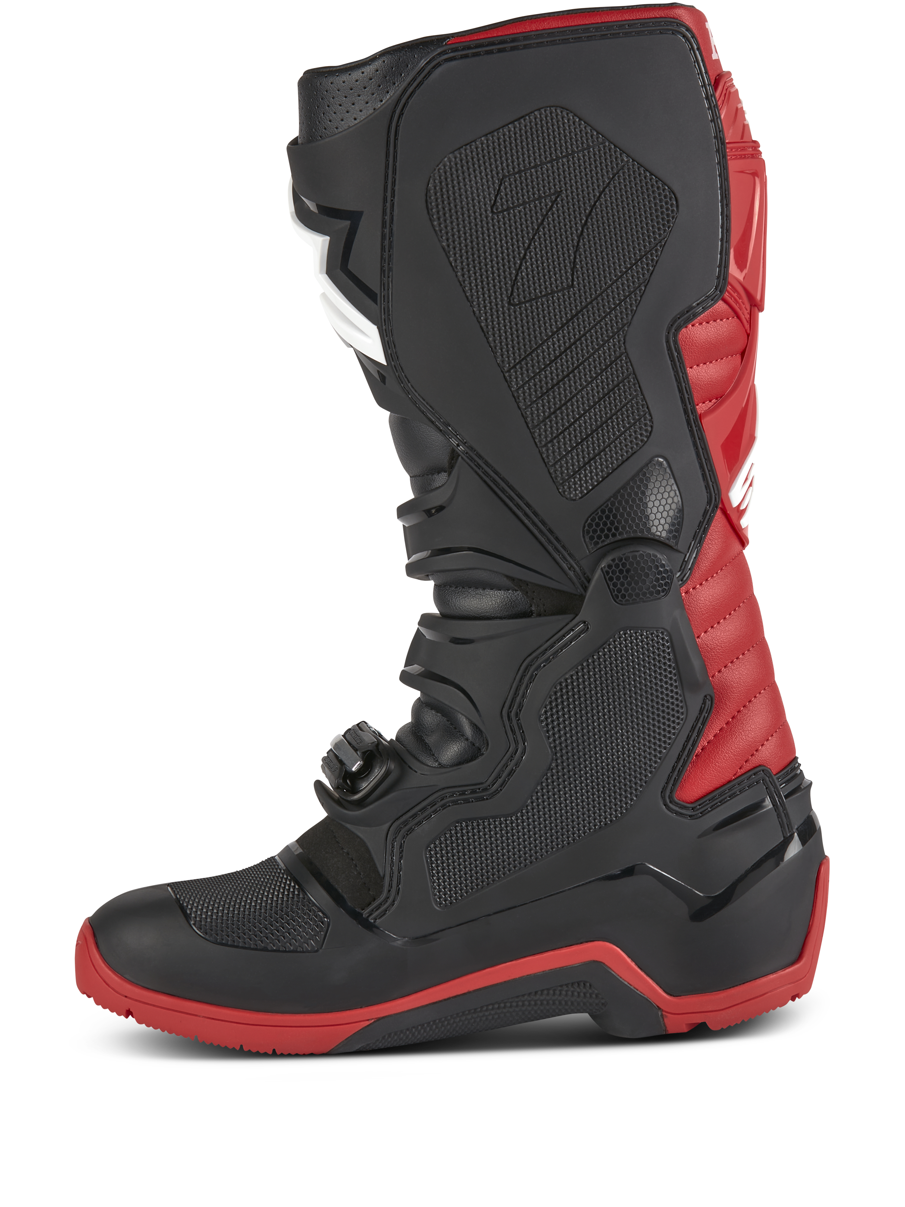 Alpinestars Honda Tech 7 Enduro Drystar® Boots, Motocross and Enduro Boots, Black and Bright Red, side profile view featuring heavy-duty buckles, TPU protective plates, and a red reinforced sole