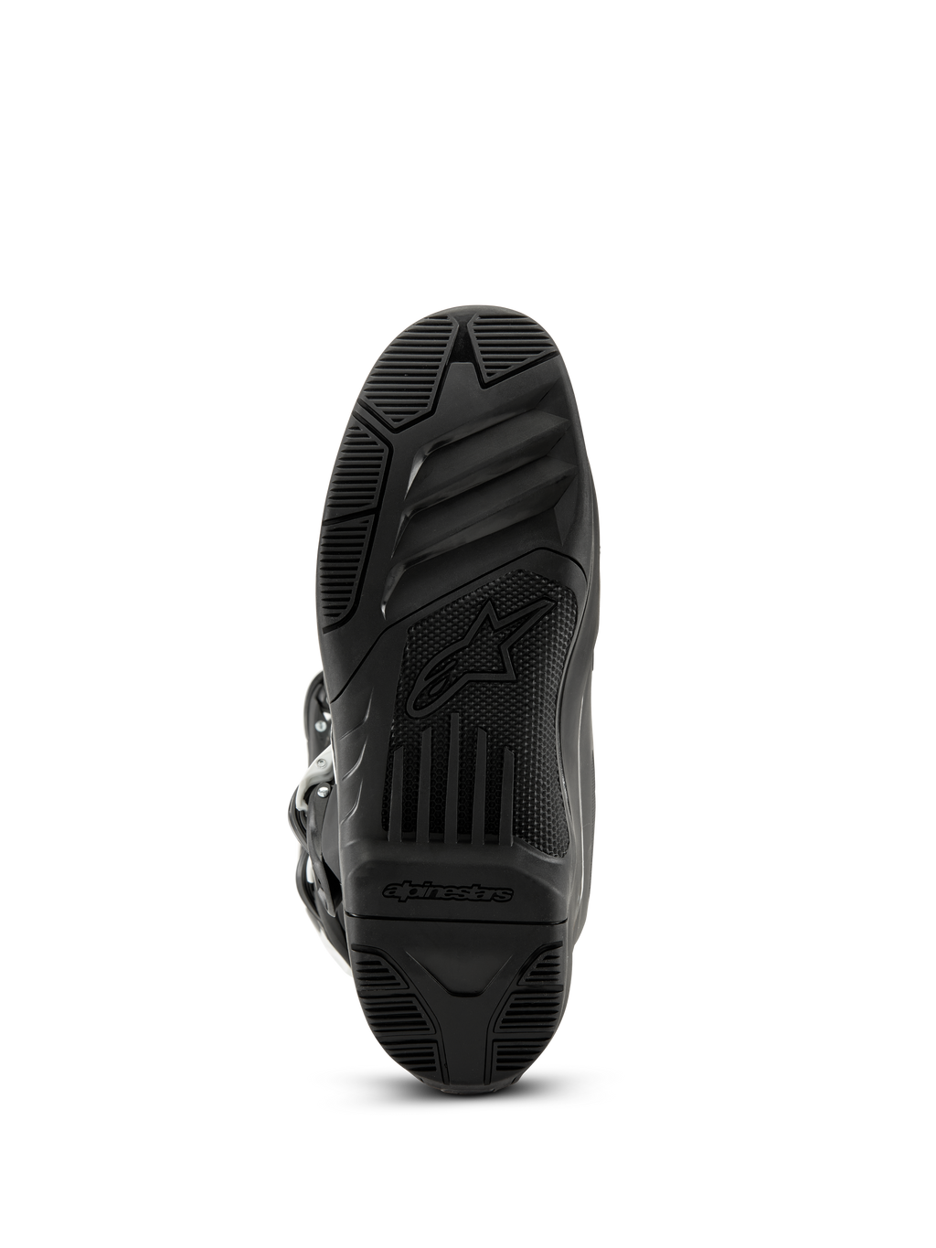Alpinestars Tech 3 Boots, Motocross Boots, Black, bottom view of the textured rubber outsole featuring the Alpinestars logo and wordmark, high-grip tread design for off-road performance