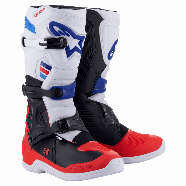 Alpinestars Tech 3 Boots, Motocross and Off-Road Boots, White Bright Red and Dark Blue, featuring triple buckle closure, TPU shin and heel plates, durable microfiber construction with white soles and blue logo accents