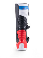 Alpinestars Tech 3 Boots, motocross off-road motorcycle boot shown from the rear, white with bright red and dark blue accents, protective TPU construction and buckle closure