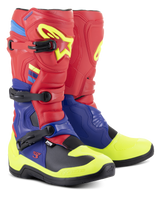 Alpinestars Tech 3 Boots, Motocross Boots, Bright Red, Dark Blue and Yellow Fluo, featuring triple polymer buckles, contoured TPU protection plates, and a high-grip black outsole, designed for motocross and off-road performance.