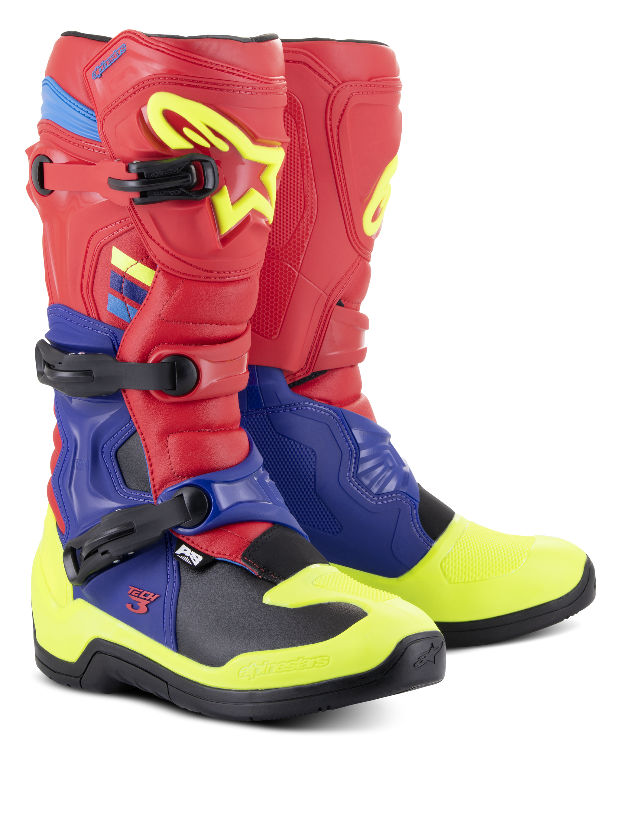 Alpinestars Tech 3 Boots, Motocross Boots, Bright Red, Dark Blue and Yellow Fluo, featuring triple polymer buckles, contoured TPU protection plates, and a high-grip black outsole, designed for motocross and off-road performance.