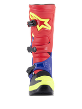 Alpinestars Tech 3 Boots, Motocross Boots, Bright Red Dark Blue and Yellow Fluo, front view showing triple buckle closure system, TPU shin plate with yellow star logo, and protective dual-compound foot shell.