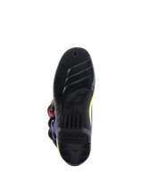 Alpinestars Tech 3 Boots, Motocross Boots, Bright Red, Dark Blue, and Yellow Fluo, detailed view of the black high-grip rubber outsole featuring textured tread patterns and embossed Alpinestars logo for enhanced footpeg control.