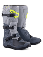 Alpinestars Tech 3 Boots, Motocross Boots, Dark Gray, Light Gray and Black, featuring a prominent fluorescent yellow Alpinestars logo, three-buckle closure system, and reinforced protective panels for off-road performance.