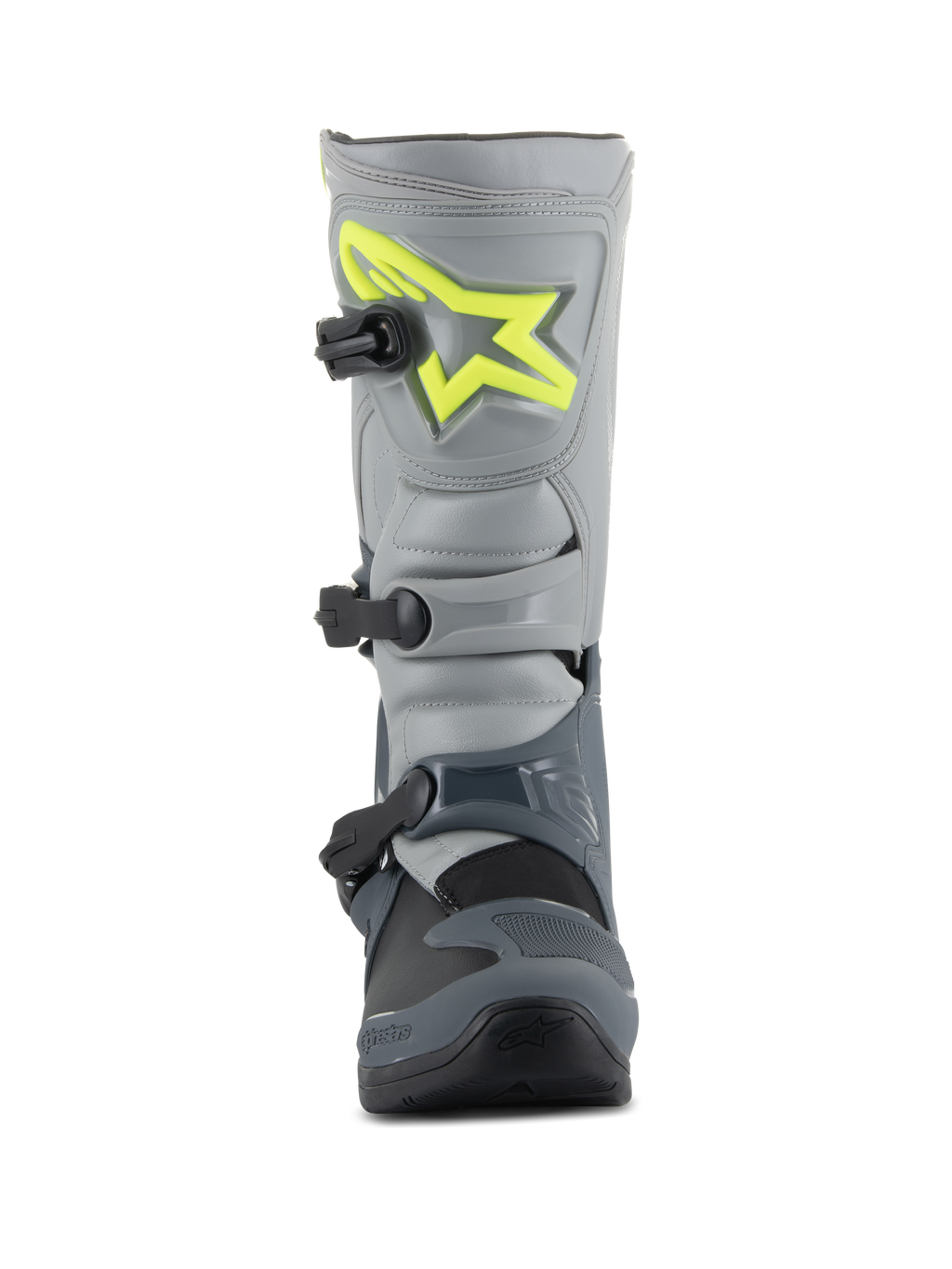 Alpinestars Tech 3 Boots, Motocross Boots, Dark Gray Light Gray and Black, front view featuring a bright yellow logo on the shin plate, three black polymer buckles, and a durable TPU shell for off-road racing